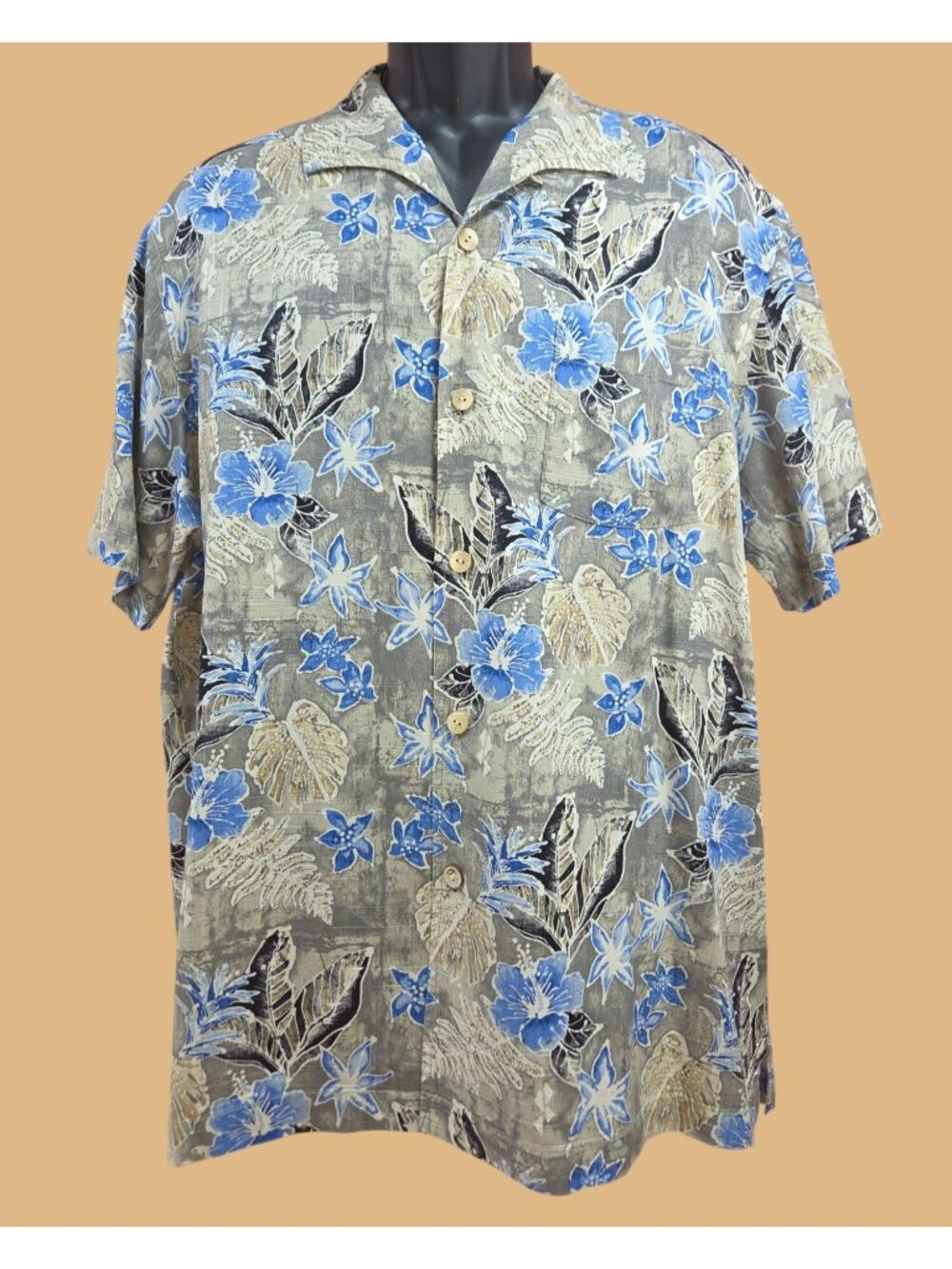 Tommy Bahama Mens Silk Blue Floral Print Hawaiian Shirt Large